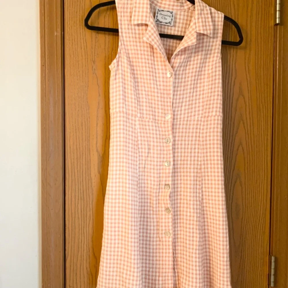 DAMAGED VINTAGE DRESSING CLIO PEACH & WHITE GINGHAM CHECKERED DRESS BUTTON FRONT - Picture 2 of 4